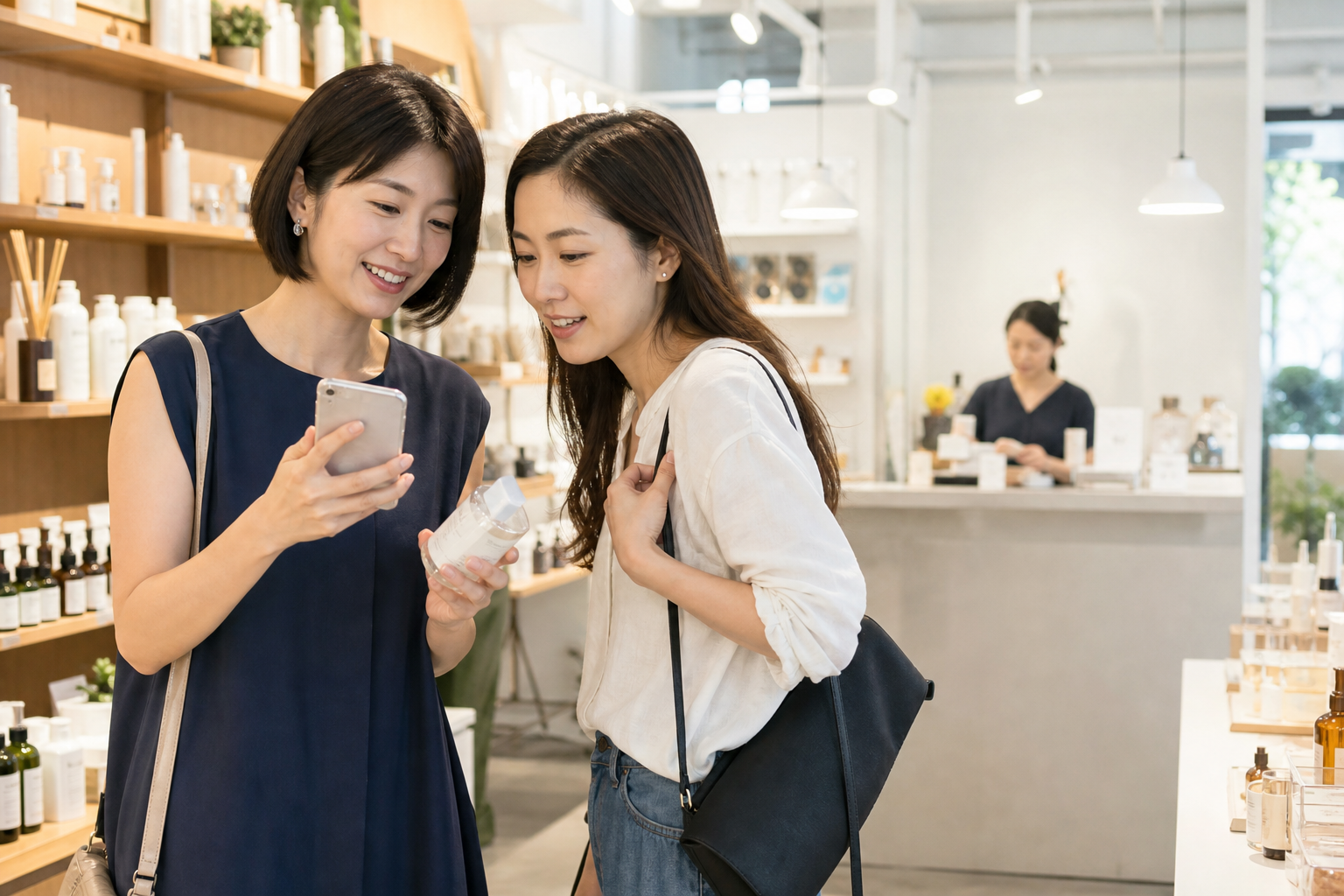顧客在門市向朋友分享商品資訊