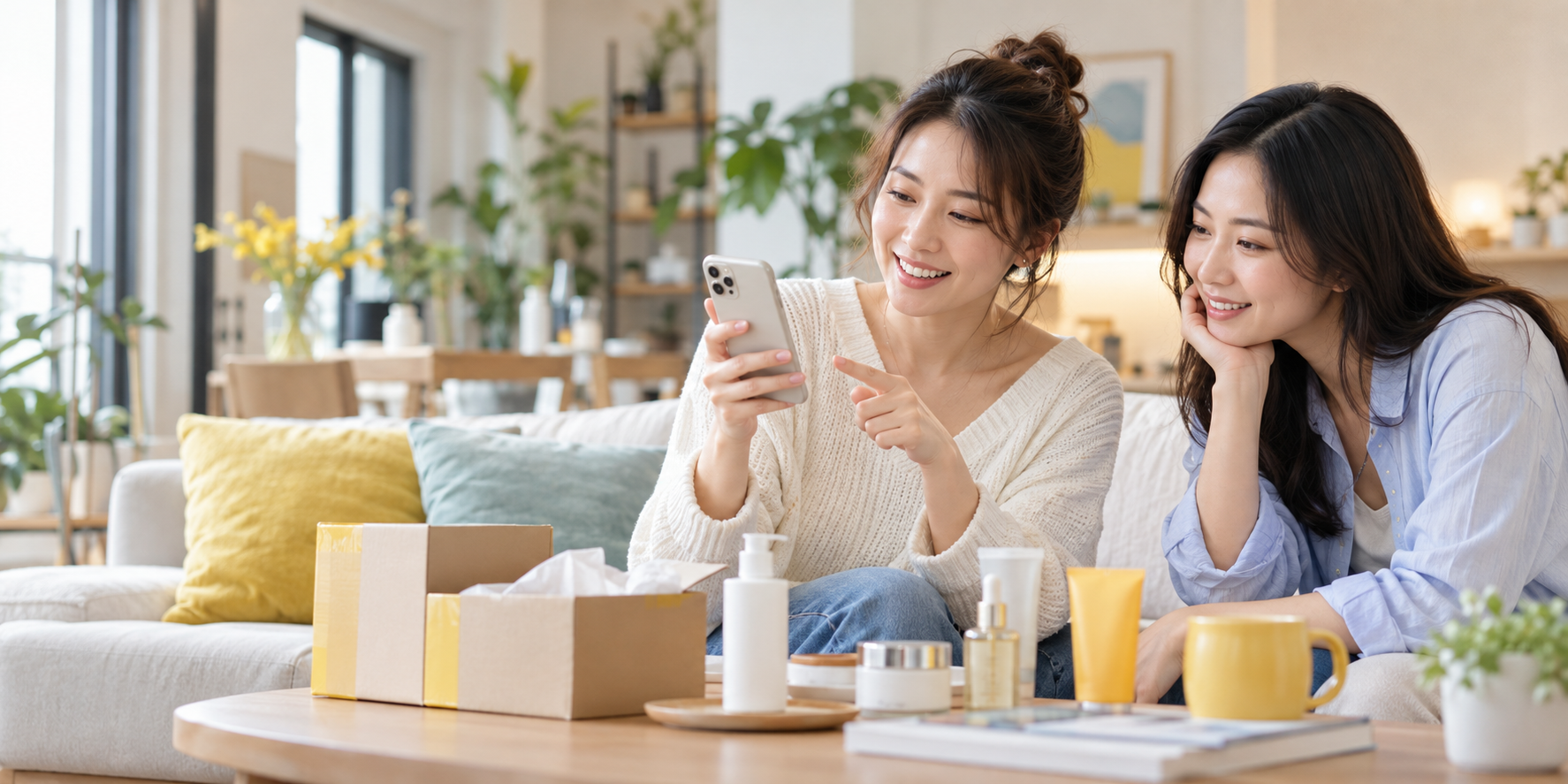 兩位亞洲女性透過手機分享電商商品