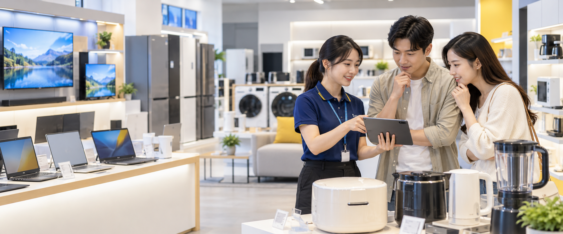 亞洲家電銷售顧問協助顧客比較產品型號