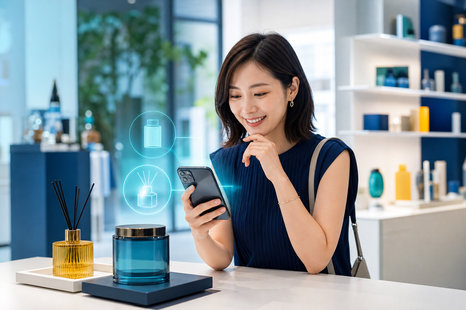 顧客在品牌門市使用手機詢問 AI 商品推薦